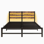 Beige+Brown Queen Size Modern Metal Bed with Wooden Headboard,RGB Lights and Storage Shelf for Bedroom