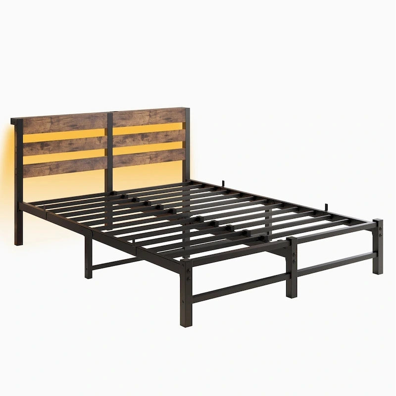 Beige+Brown Queen Size Modern Metal Bed with Wooden Headboard,RGB Lights and Storage Shelf for Bedroom