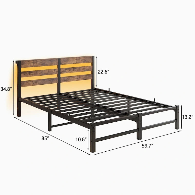 Beige+Brown Queen Size Modern Metal Bed with Wooden Headboard,RGB Lights and Storage Shelf for Bedroom