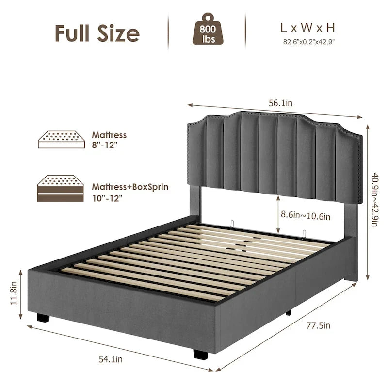 Gray Full Size Modern Style Velvet Upholstered Platform Bed with Storage Space for Bedroom