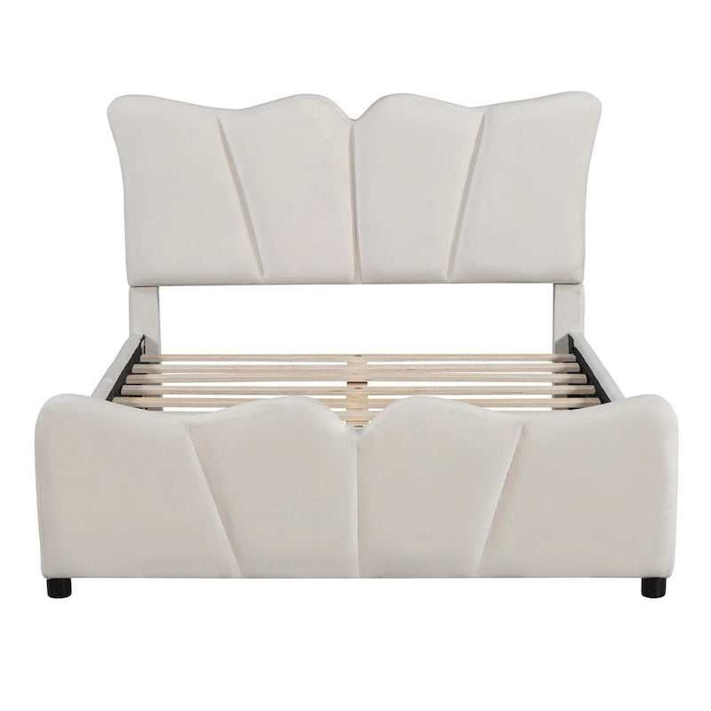 Beige Full Size Velvet Upholstered Platform Bed with Distinctive Headboard and Footboard