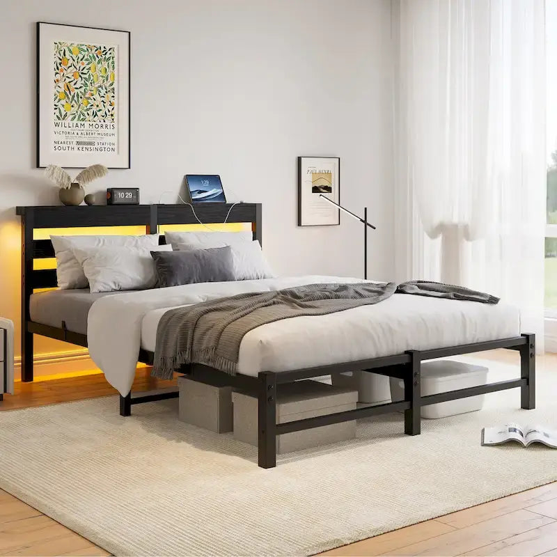 Black Queen Size Modern Metal Bed with Wooden Headboard, RGB Lights