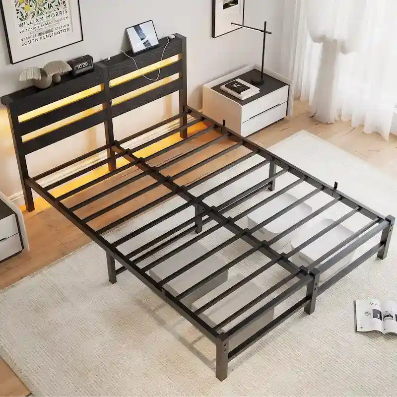 Black Queen Size Modern Metal Bed with Wooden Headboard, RGB Lights