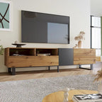 Wood+Grey 70 TV Stand with Double Storage & Drop-Down Door for TVs Up to 80