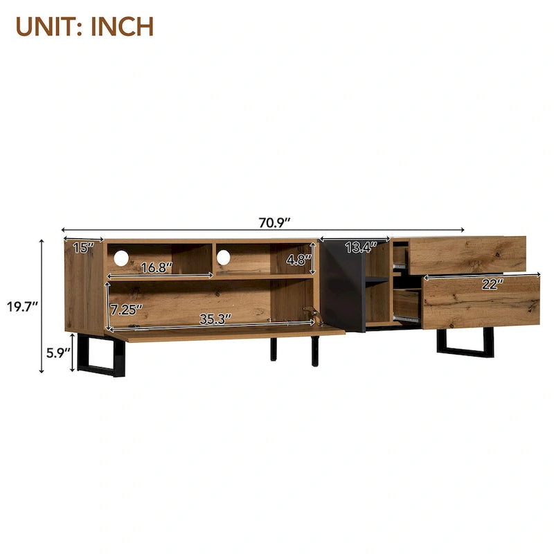 Wood+Grey 70 TV Stand with Double Storage & Drop-Down Door for TVs Up to 80