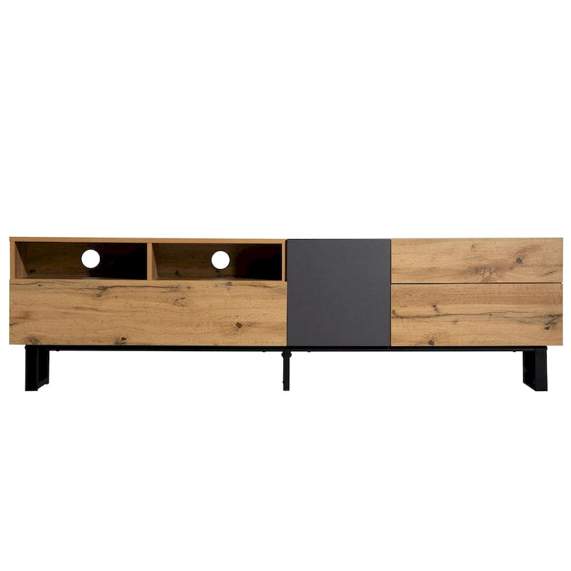 Wood+Grey 70 TV Stand with Double Storage & Drop-Down Door for TVs Up to 80