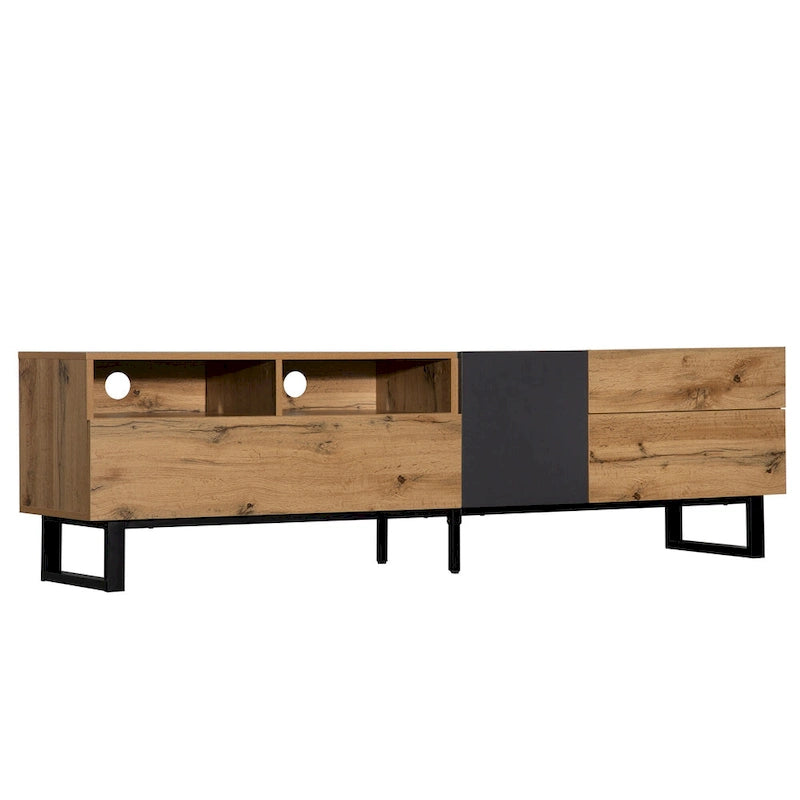Wood+Grey 70 TV Stand with Double Storage & Drop-Down Door for TVs Up to 80