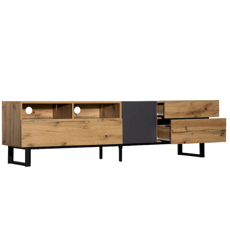 Wood+Grey 70 TV Stand with Double Storage & Drop-Down Door for TVs Up to 80