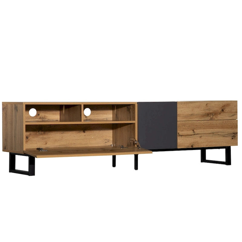 Wood+Grey 70 TV Stand with Double Storage & Drop-Down Door for TVs Up to 80