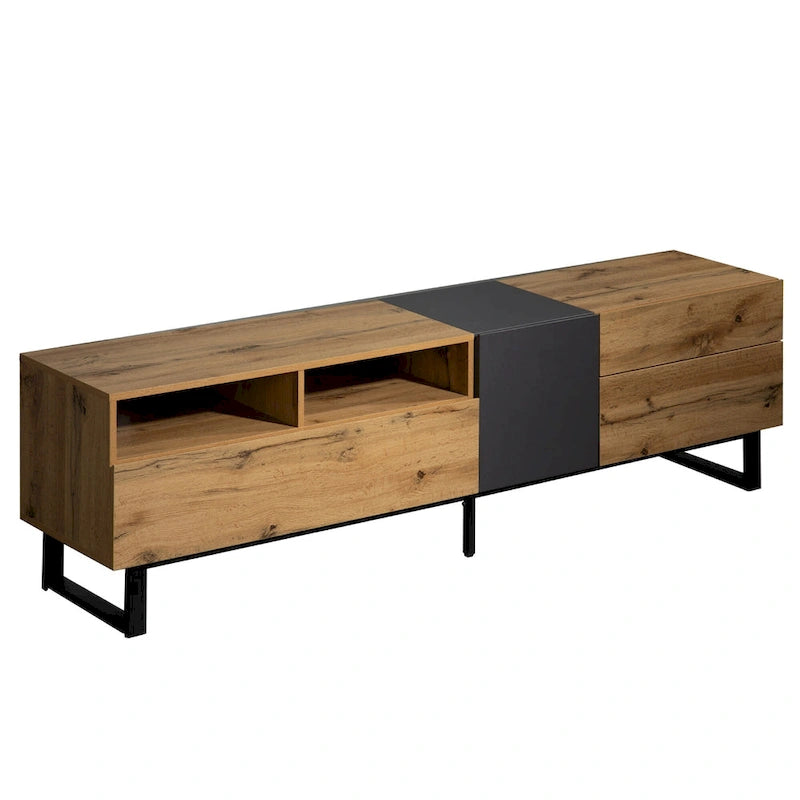 Wood+Grey 70 TV Stand with Double Storage & Drop-Down Door for TVs Up to 80