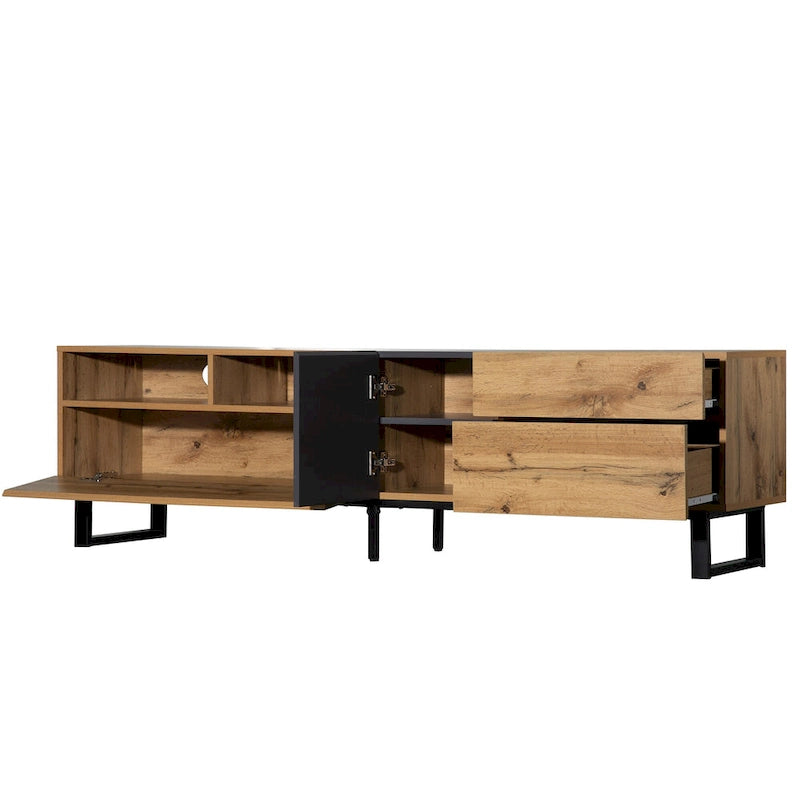 Wood+Grey 70 TV Stand with Double Storage & Drop-Down Door for TVs Up to 80