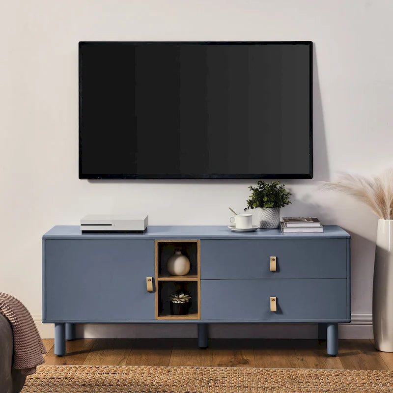 54.57 Multi-functional TV Stand with Leather Handles, Open Storage Compartment and Two Drawer