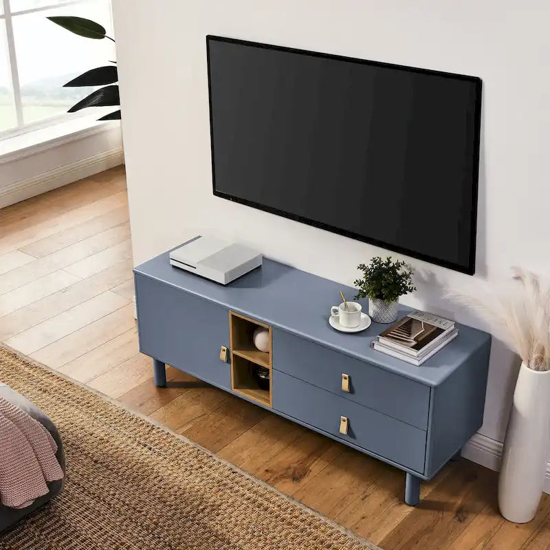 54.57 Multi-functional TV Stand with Leather Handles, Open Storage Compartment and Two Drawer