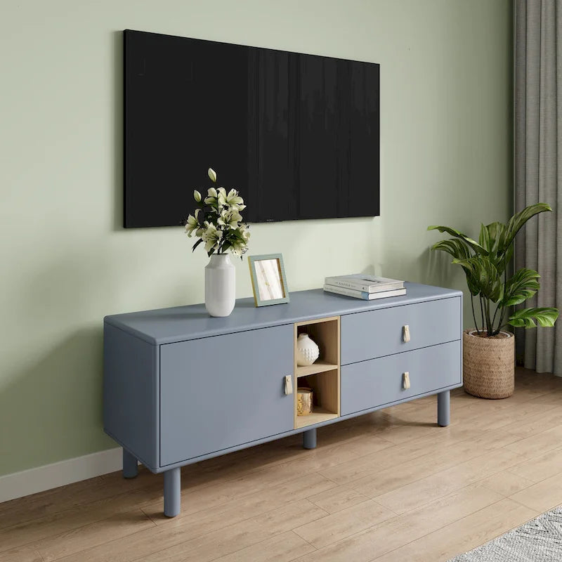 54.57 Multi-functional TV Stand with Leather Handles, Open Storage Compartment and Two Drawer