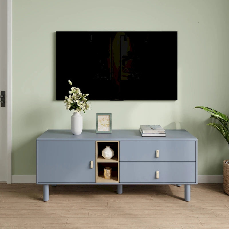 54.57 Multi-functional TV Stand with Leather Handles, Open Storage Compartment and Two Drawer