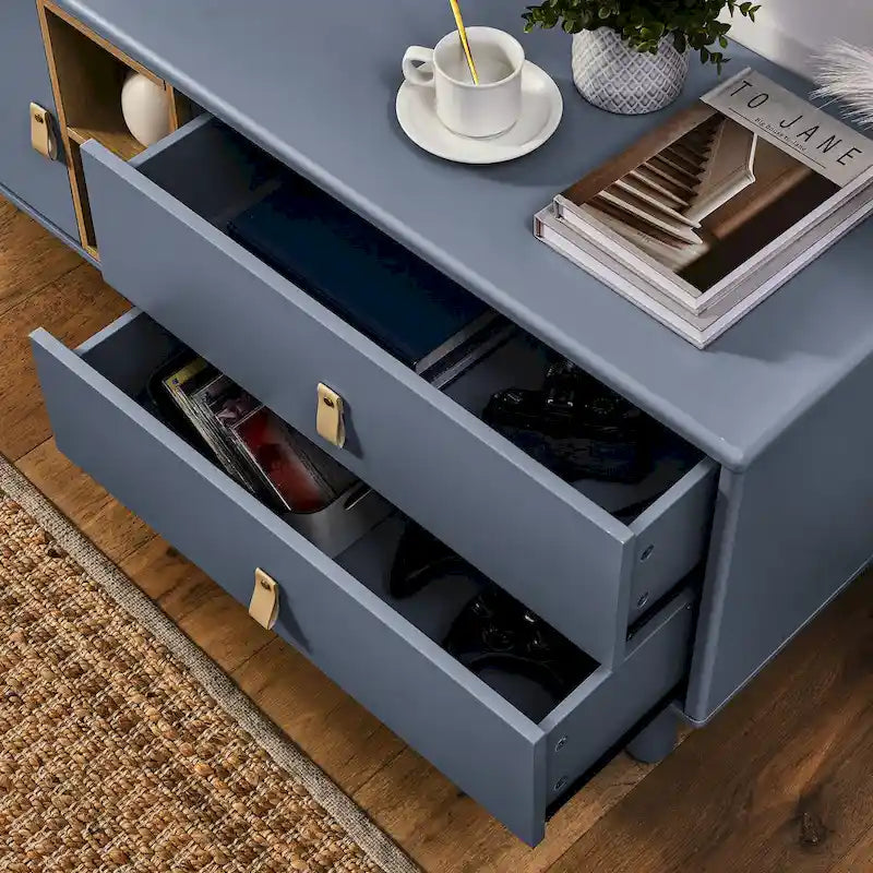 54.57 Multi-functional TV Stand with Leather Handles, Open Storage Compartment and Two Drawer