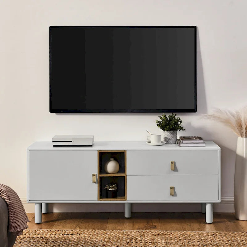 54.57 Multi-functional TV Stand with Leather Handles, Open Storage Compartment and Two Drawer
