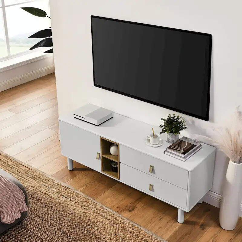 54.57 Multi-functional TV Stand with Leather Handles, Open Storage Compartment and Two Drawer