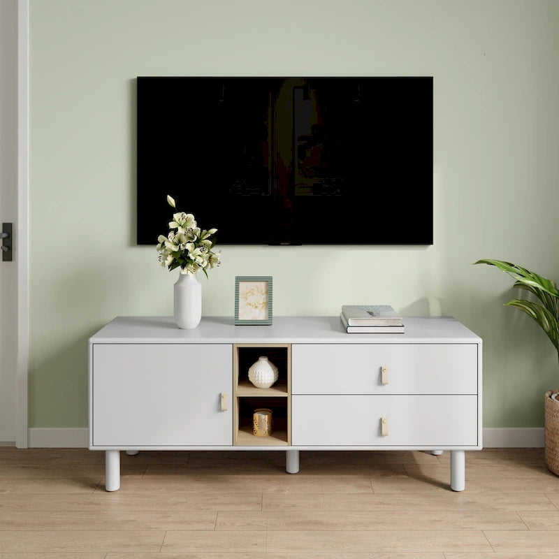 54.57 Multi-functional TV Stand with Leather Handles, Open Storage Compartment and Two Drawer