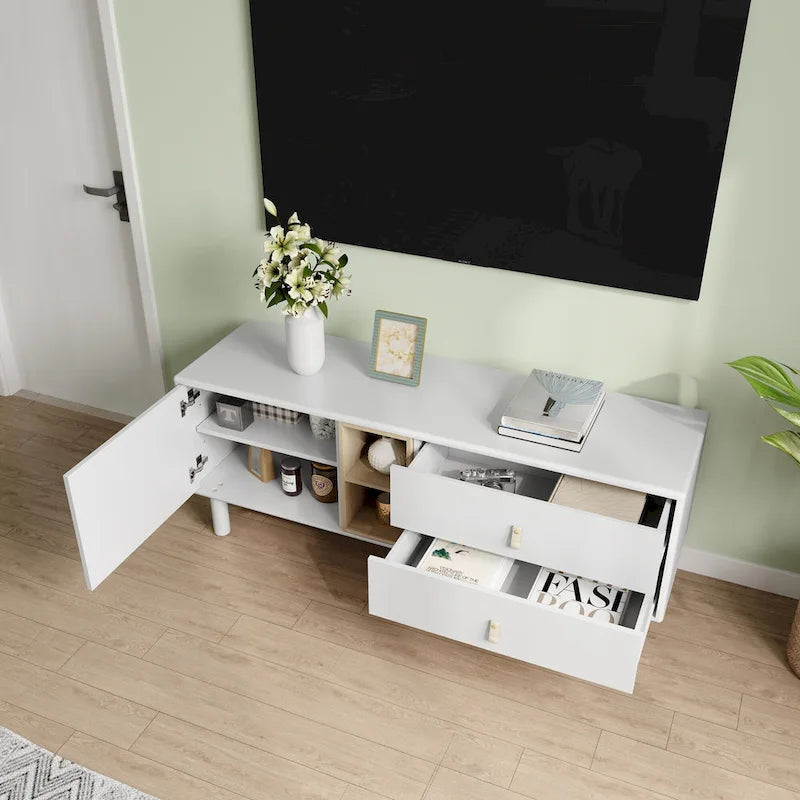 54.57 Multi-functional TV Stand with Leather Handles, Open Storage Compartment and Two Drawer