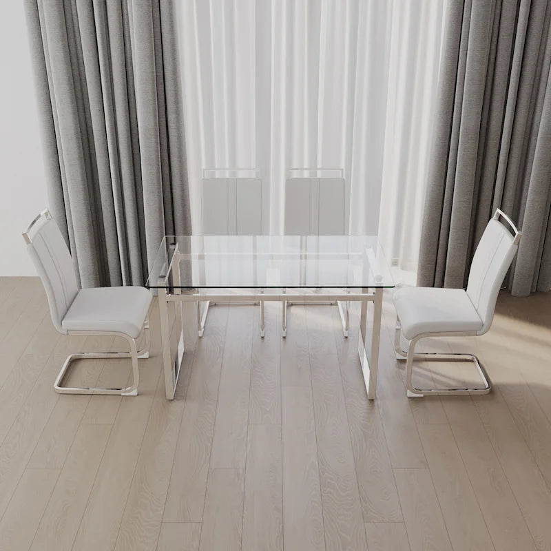 Modern 5-Piece Dining Set with Rectangular Glass Table & High Back Silver-Plated Legs Dining Armless Chairs