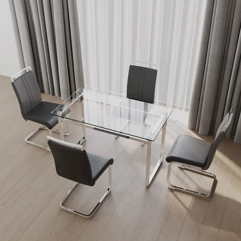 Modern 5-Piece Dining Set with Rectangular Glass Table & High Back Silver-Plated Legs Dining Armless Chairs
