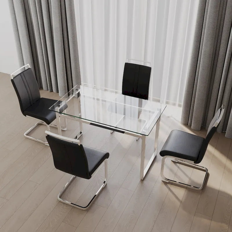 Modern 5-Piece Dining Set with Rectangular Glass Table & High Back Silver-Plated Legs Dining Armless Chairs
