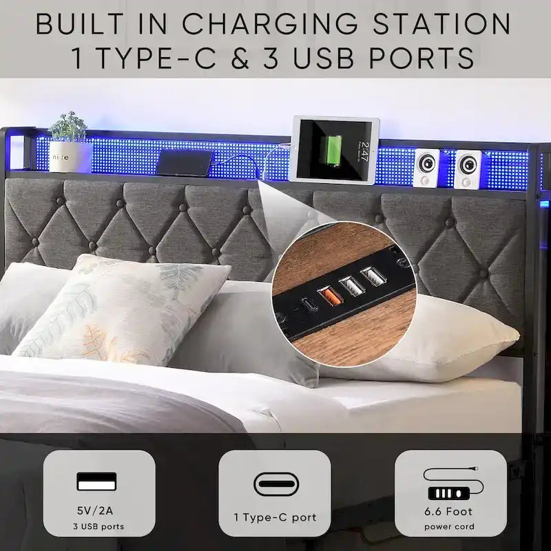 Grey Full Bed with Storage & LED