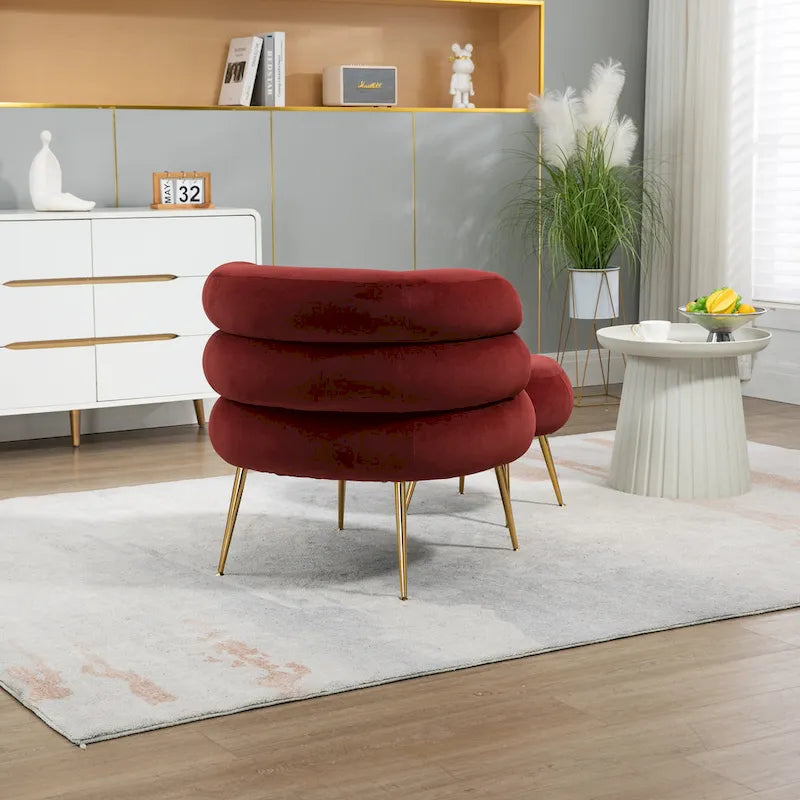 Wine Red Modern 29.13 Upholstered Barrel Chair with Ottoman and Sturdy Metal Frame