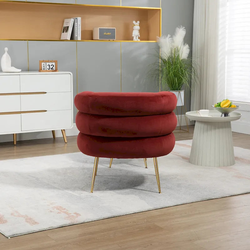 Wine Red Modern 29.13 Upholstered Barrel Chair with Ottoman and Sturdy Metal Frame