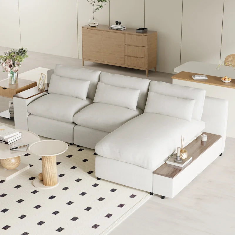Beige 109.8 L-Shaped 3-Seat Sofa with Storage Compartments
