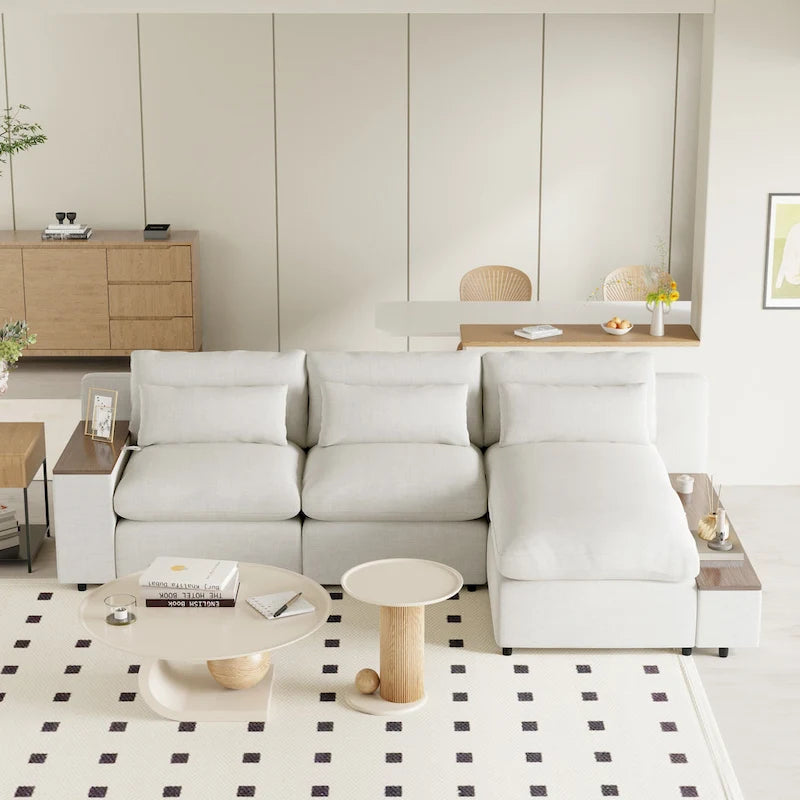 Beige 109.8 L-Shaped 3-Seat Sofa with Storage Compartments