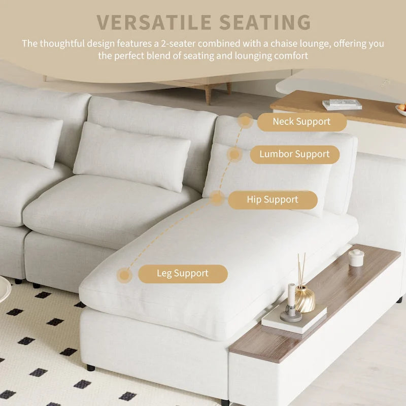 Beige 109.8 L-Shaped 3-Seat Sofa with Storage Compartments
