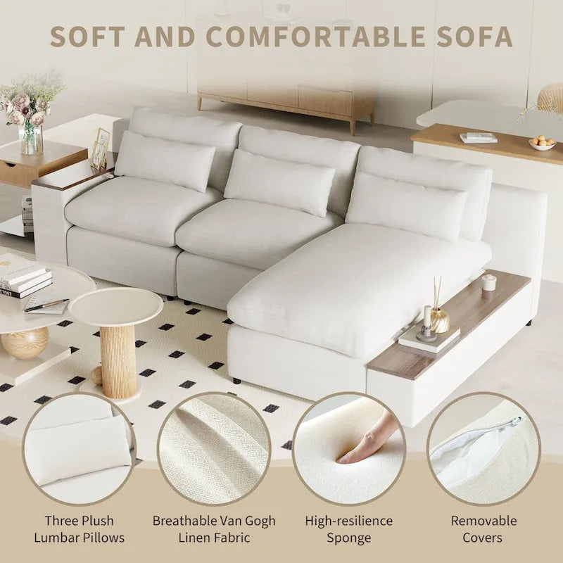 Beige 109.8 L-Shaped 3-Seat Sofa with Storage Compartments