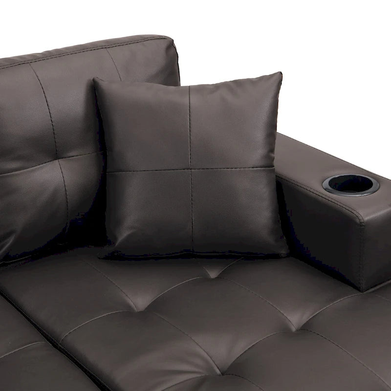 Brown 96.06 Modern L-Shaped 4 Seater Sectional Sofa with Chaise Lounge, Cup Holders, and Throw Pillows
