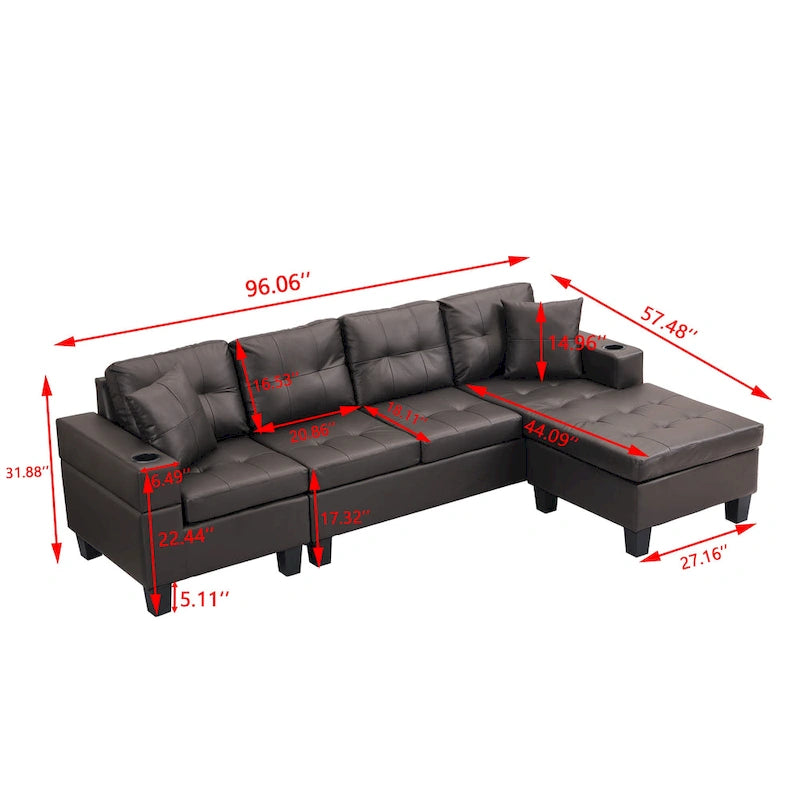 Brown 96.06 Modern L-Shaped 4 Seater Sectional Sofa with Chaise Lounge, Cup Holders, and Throw Pillows