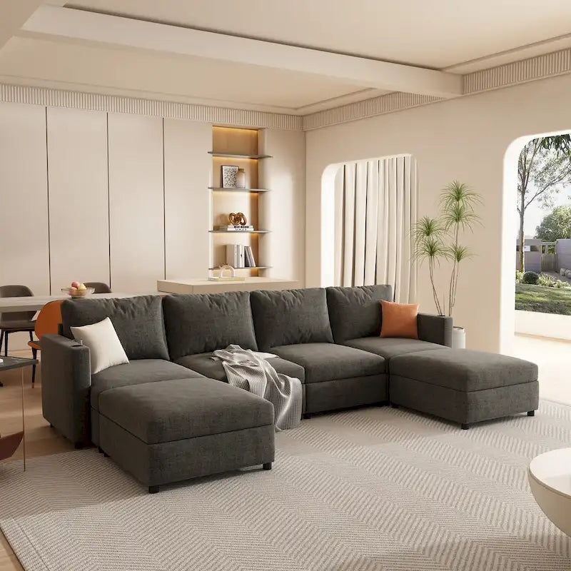 Grey 123 U-Shaped Modular 4-Seat Sectional Sofa with Storage Ottomans