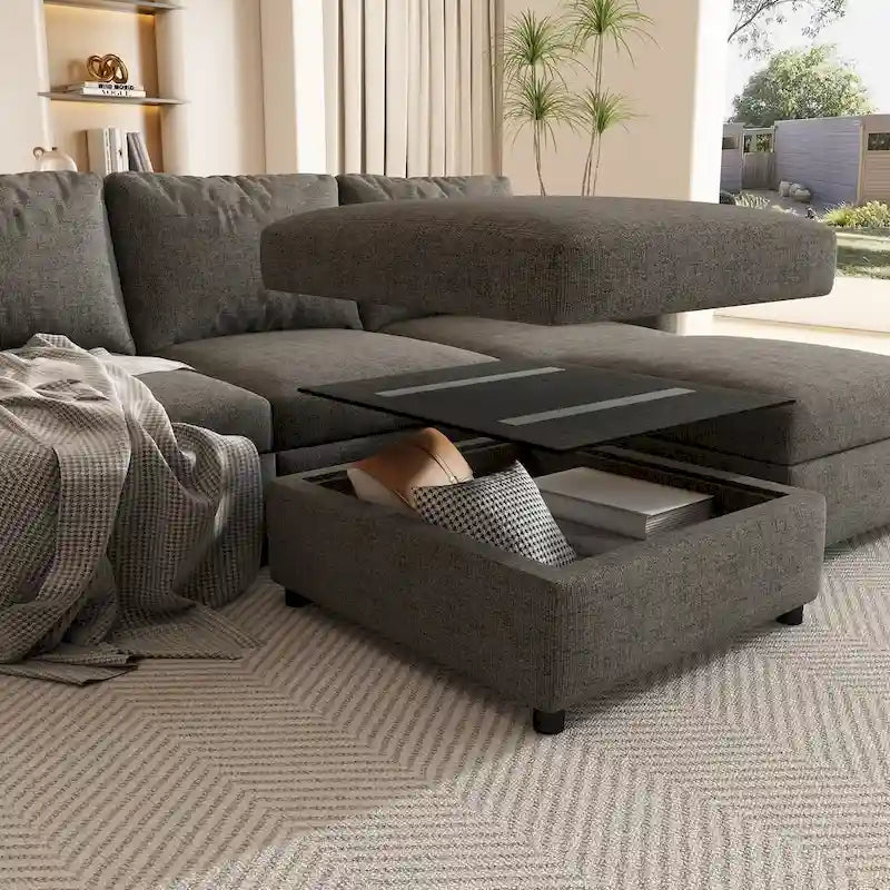 Grey 123 U-Shaped Modular 4-Seat Sectional Sofa with Storage Ottomans