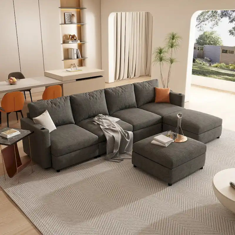 Grey 123 U-Shaped Modular 4-Seat Sectional Sofa with Storage Ottomans