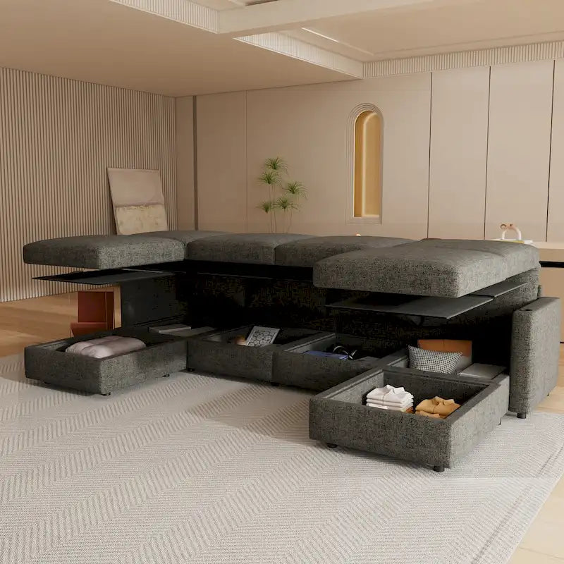 Grey 123 U-Shaped Modular 4-Seat Sectional Sofa with Storage Ottomans