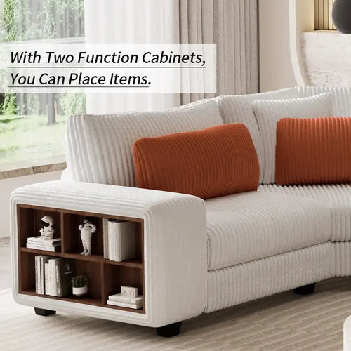 142 L-Shaped 5-Seater Modular Sectional Sofa with Pillow, Wooden Armrests, and Versatile Storage Shelves
