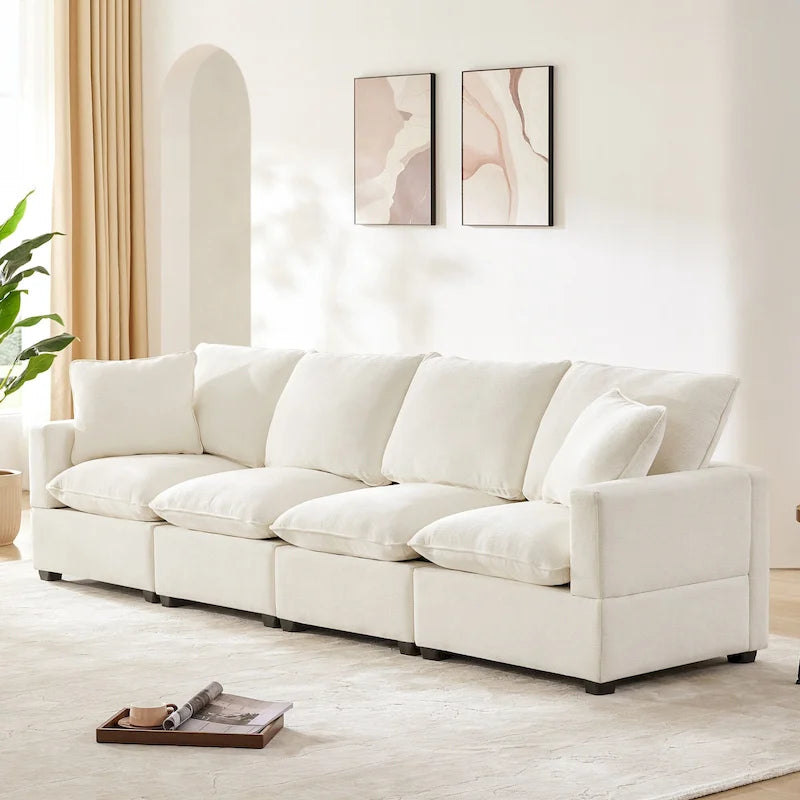 White 84 Modular Chenille 4-Seat Sectional Sofa Set with Removable Cushions and 2 Pillows, Perfect for Small Spaces