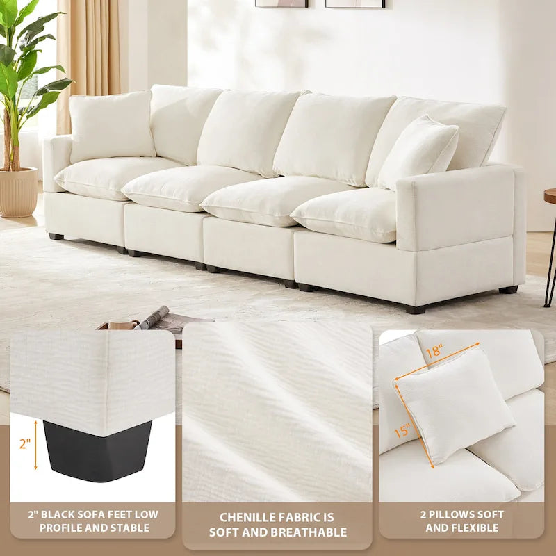 White 84 Modular Chenille 4-Seat Sectional Sofa Set with Removable Cushions and 2 Pillows, Perfect for Small Spaces