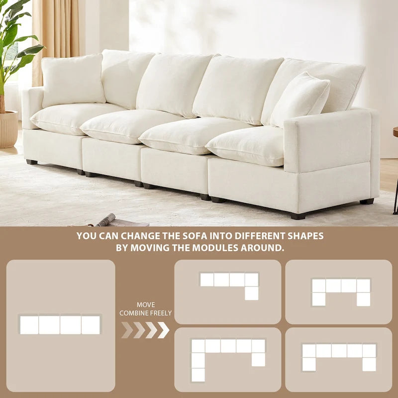 White 84 Modular Chenille 4-Seat Sectional Sofa Set with Removable Cushions and 2 Pillows, Perfect for Small Spaces