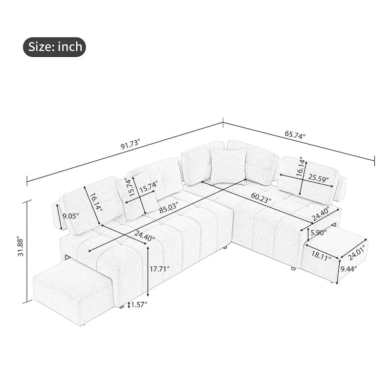 91.73 L-Shaped 4 Seater Sectional Sofa with 2 Hidden Stools, 2 Removable Lumbar Pillows, and Durable Chenille Upholstery