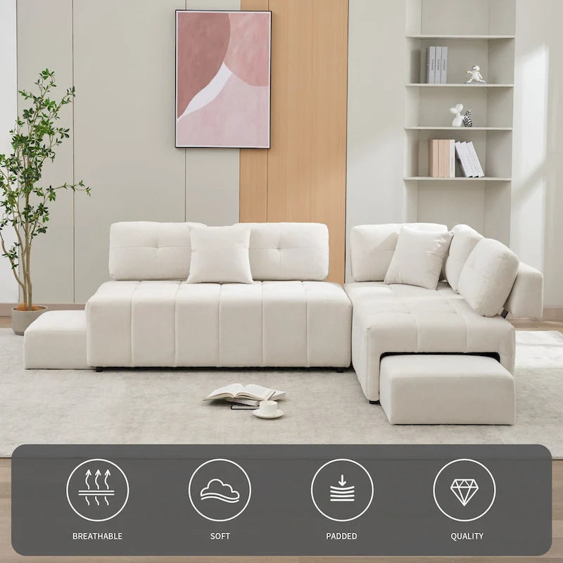 91.73 L-Shaped 4 Seater Sectional Sofa with 2 Hidden Stools, 2 Removable Lumbar Pillows, and Durable Chenille Upholstery