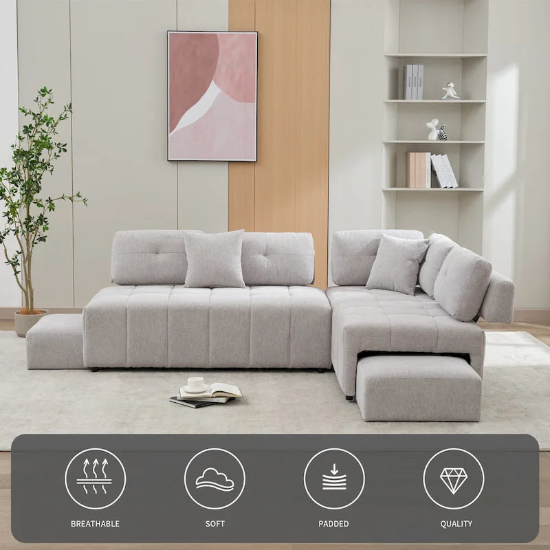 91.73 L-Shaped 4 Seater Sectional Sofa with 2 Hidden Stools, 2 Removable Lumbar Pillows, and Durable Chenille Upholstery