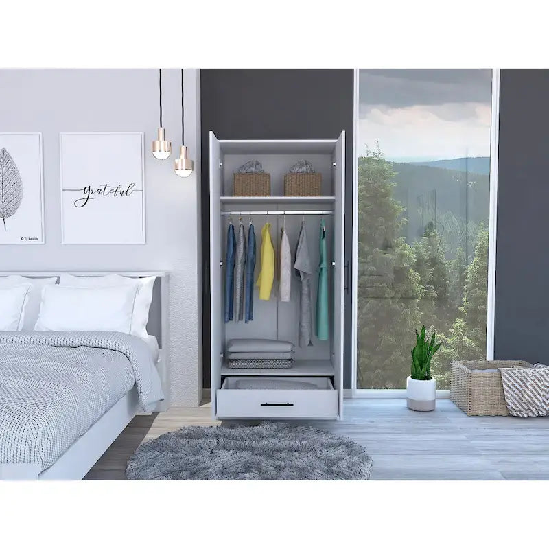 19.7 Modern Double-door Armoire with Two Shelves and One Drawer for Bedroom