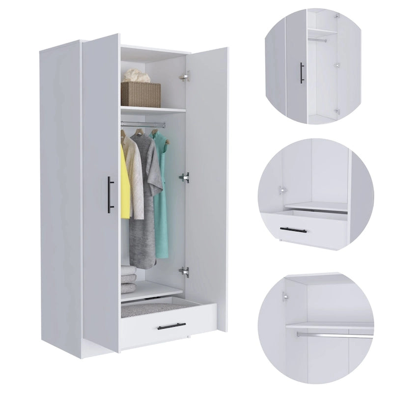 19.7 Modern Double-door Armoire with Two Shelves and One Drawer for Bedroom