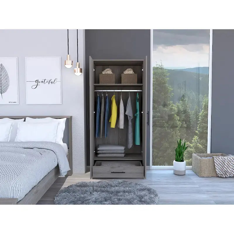 19.7 Modern Double-door Armoire with Two Shelves and One Drawer for Bedroom